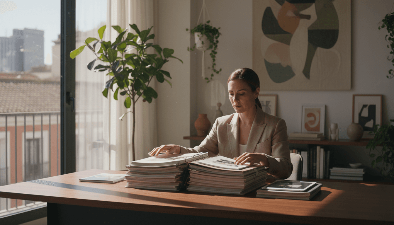 Professional recruiter reviewing candidate portfolios in a sunlit Madrid office