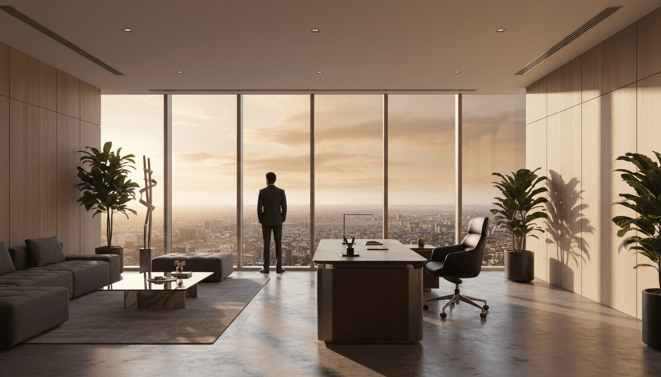 Modern executive office with skyline view