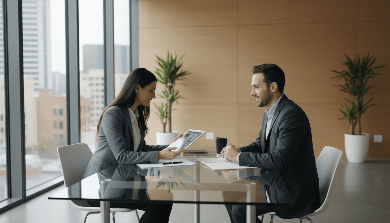 Professional recruiter consulting with a client in a bright, modern office