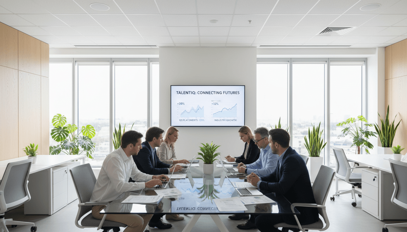 Recruiter in a focused discussion with a client in a modern bright office